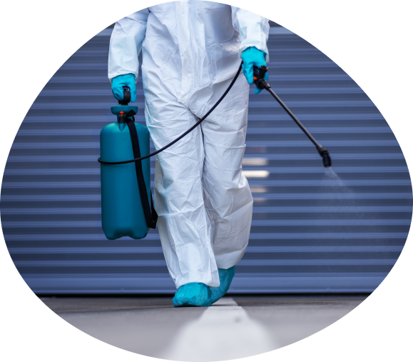 白い防護服を着用し、室内の除菌・消毒作業を行う専門スタッフの様子。